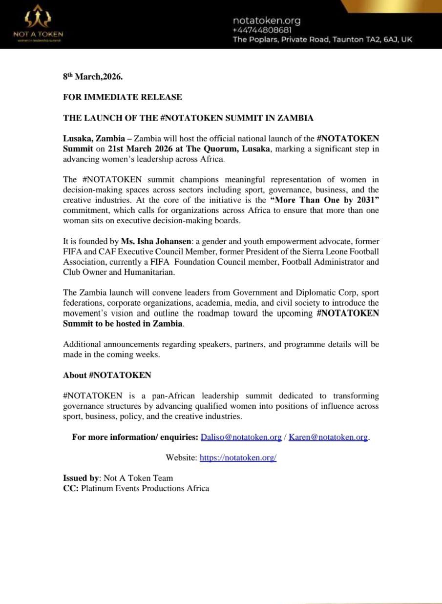 Zambia to Host “NOT A TOKEN” Summit to Promote Women’s Leadership in Africa
